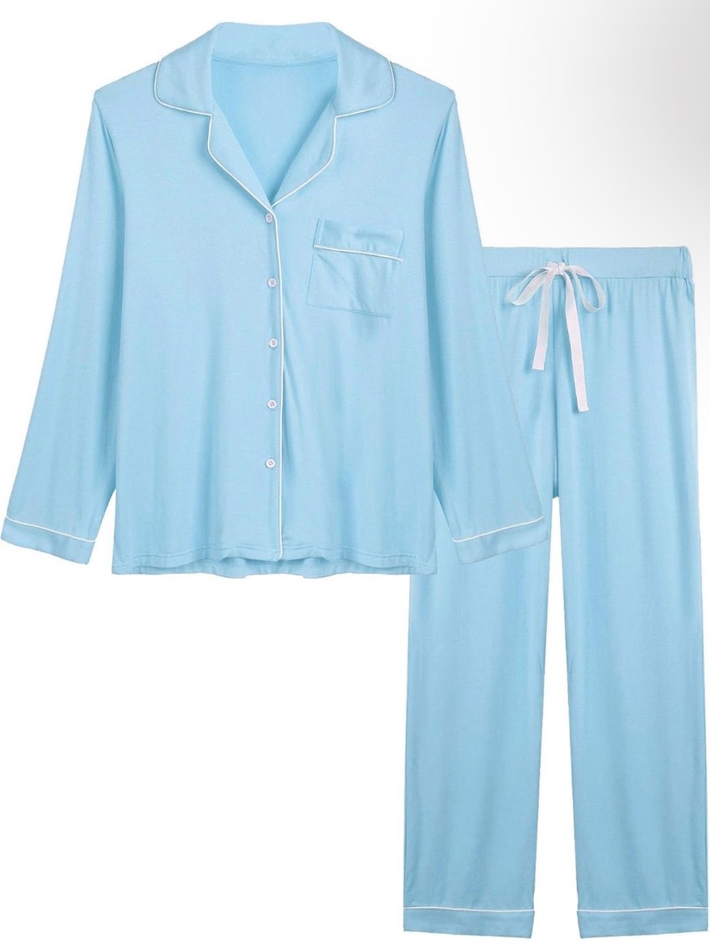 Light Blue Classic Pajama Set with White Piping